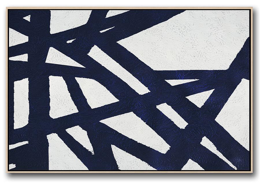 Horizontal Abstract Painting Navy Blue Minimalist Painting On Canvas - Oil Painting Shop Large